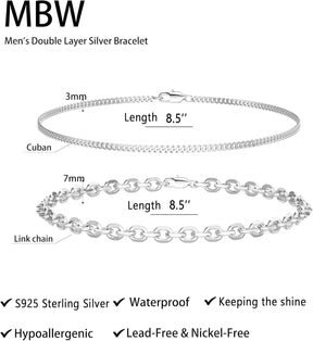 Silver Bracelets for Men, 925 Sterling Silver Chunky O-Linked Chain Thin Cuban Mens Silver Bracelet Set 6.5/7/7.5/8/8.5/9 Inches Silver Charm Bracelet Jewelry Gifts for Men