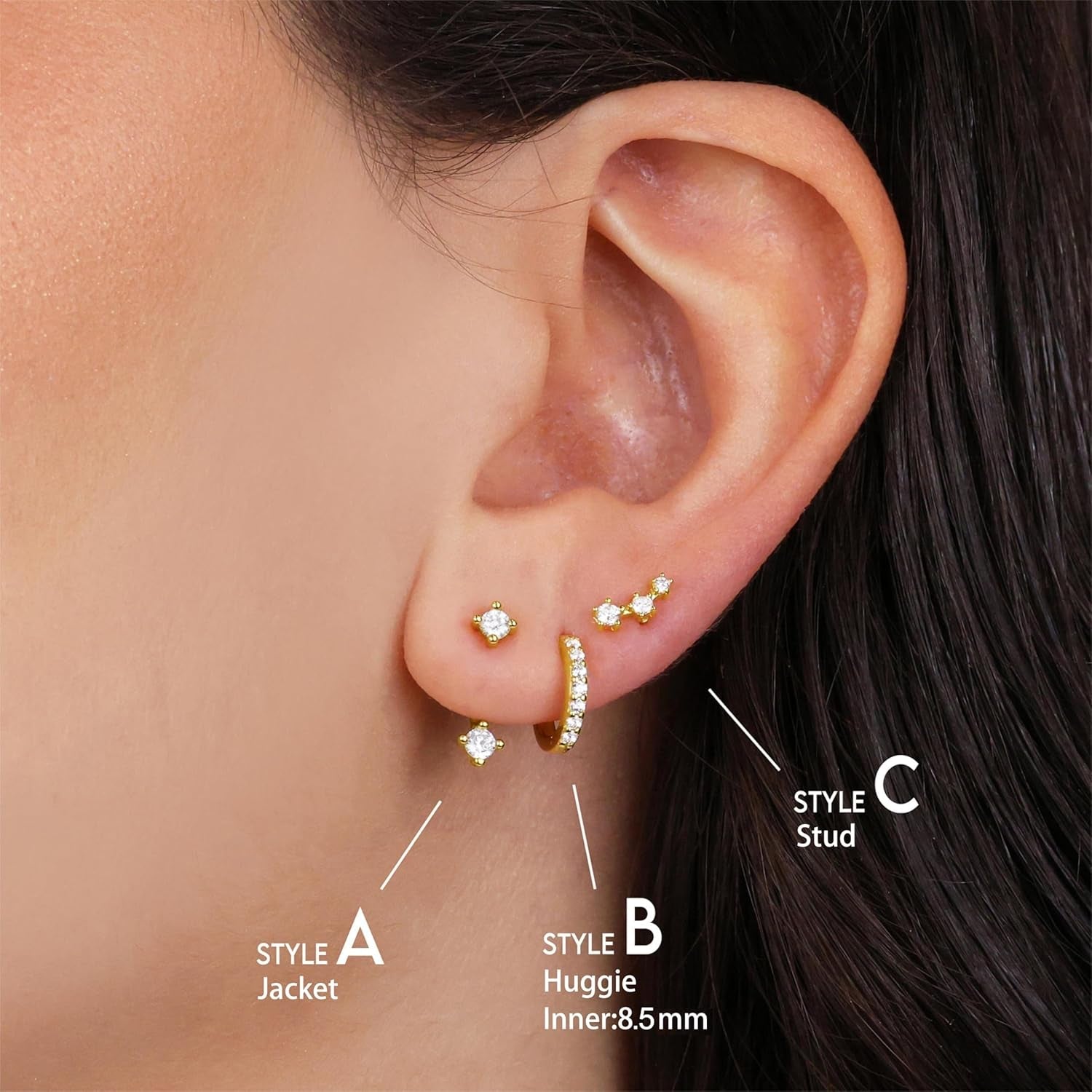 Gold Stud Earrings Set for Women, 3 Pairs Huggie Hoop Jacket Studs Earring Stack