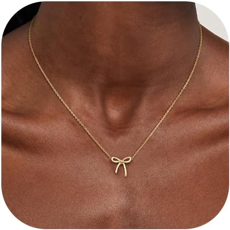 Gold Necklace for Women - Bow Necklace 14K Dainty Gold Necklace Cute Small Tiny Bow Pendant Choker Chain Necklace Trendy Necklaces for Women Gold Jewelry Gift