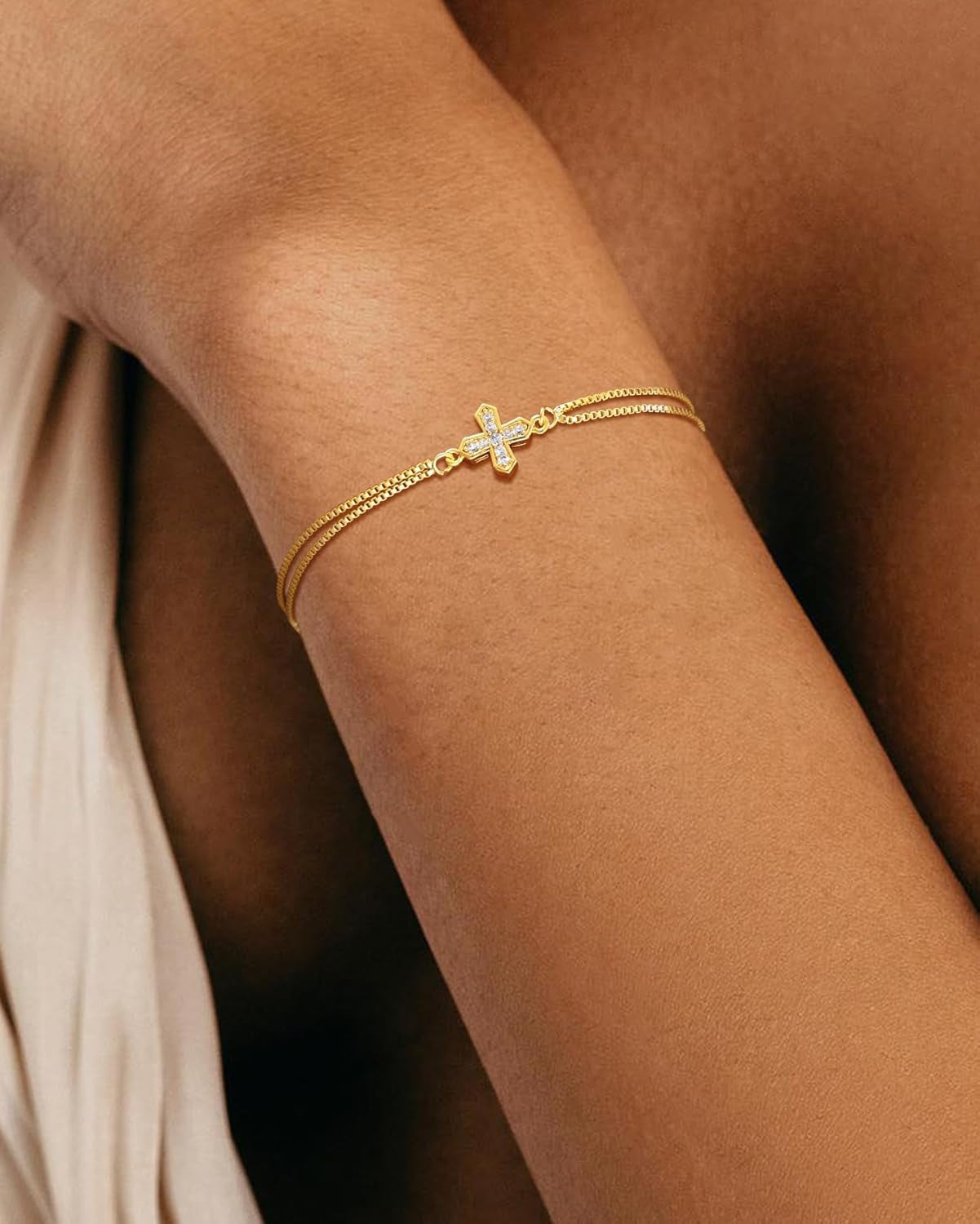 Cross Bracelet for Women Trendy Dainty 14K Gold Cubic Zirconia Bracelet Cute Thin Cross Chain Bracelet CZ Chain Link Bracelets for Women Religious Gifts for Women