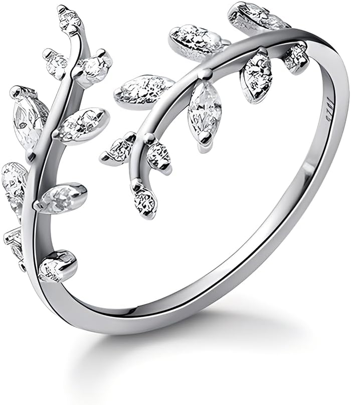 Adjustable S925 sterling silver ring with branch leaves design, paved cubic zirconia stones, stackable open band for women.