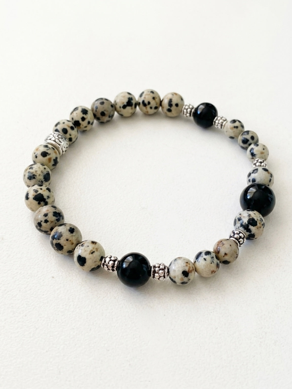 Men’s Dalmatian Jasper & Jet Bracelet | Natural Stone Mala Protection Jewelry