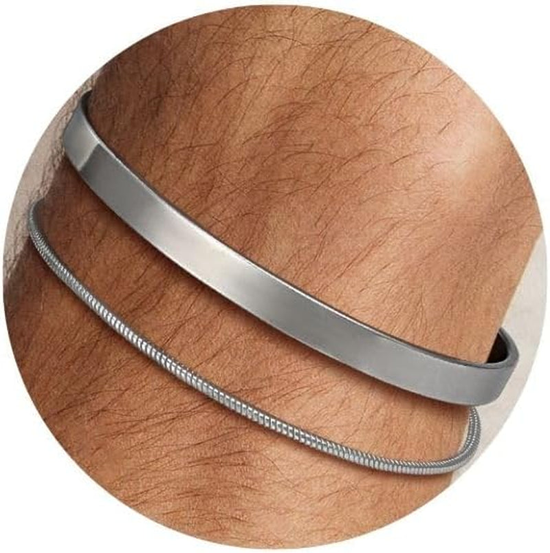 Sliver Cuff & Chain Bracelet Set for Men, Cool Mens Silver Non Tarnish Stainless Steel Metal Snake Link Chains & Open Bangle Bracelets, Fashion Stackable Dad Husband Christmas Gifts Jewelry