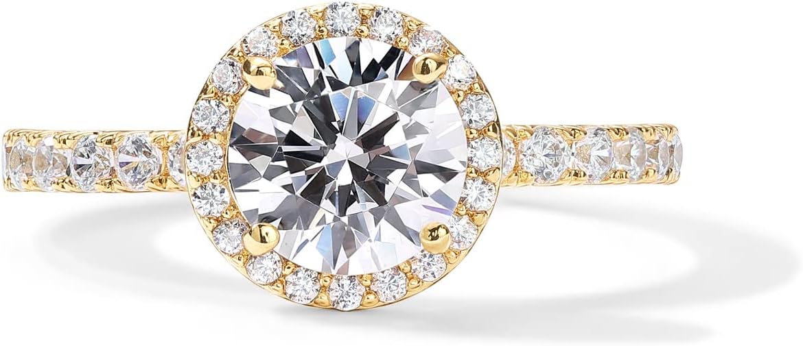 14K gold plated halo ring with a round cubic zirconia center stone and pavé band.
