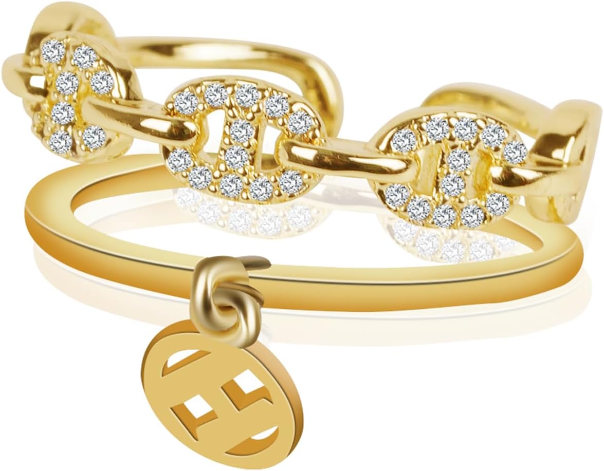 18K gold plated adjustable rings with chunky heart, cross, T bar, and butterfly designs featuring cubic zirconia diamonds.