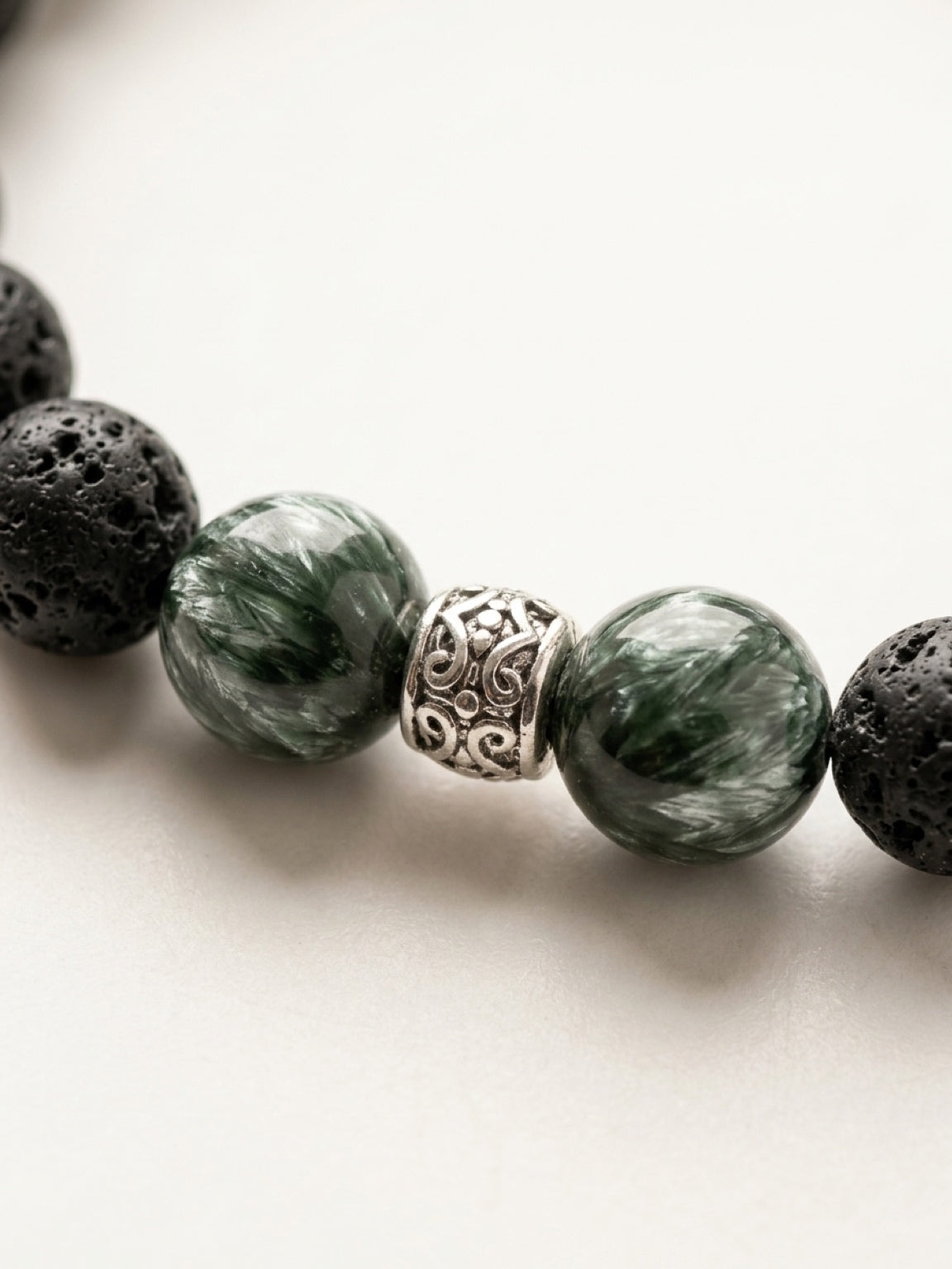 Lava & Seraphinite bracelet with Buddha Charm, stone bracelet, natural stone jewelry
