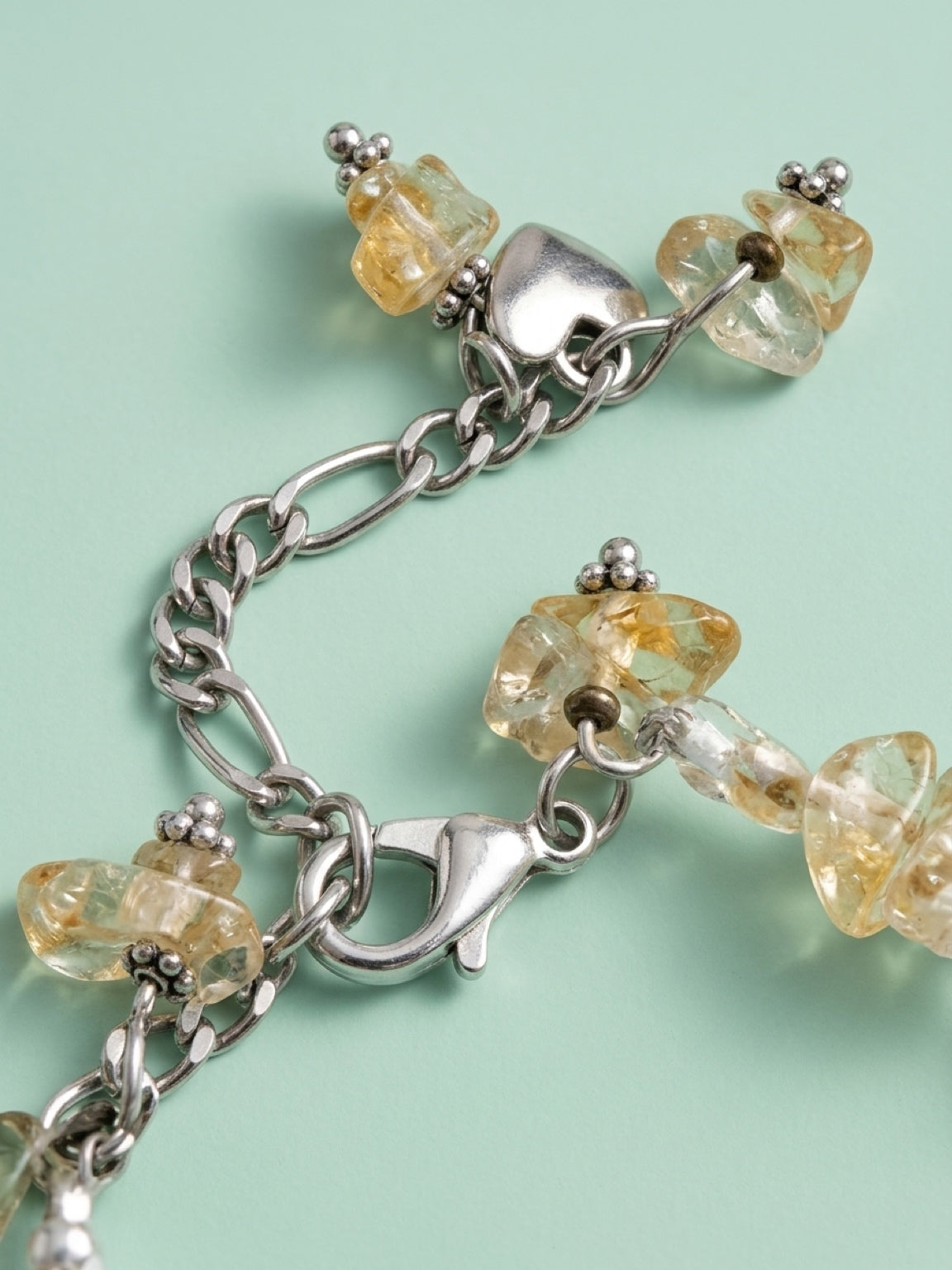 Citrine & Moonstone ladies bracelet, stone bracelet, natural stone jewelry, chip stone bracelet, heart charm, single strand w/ charms
