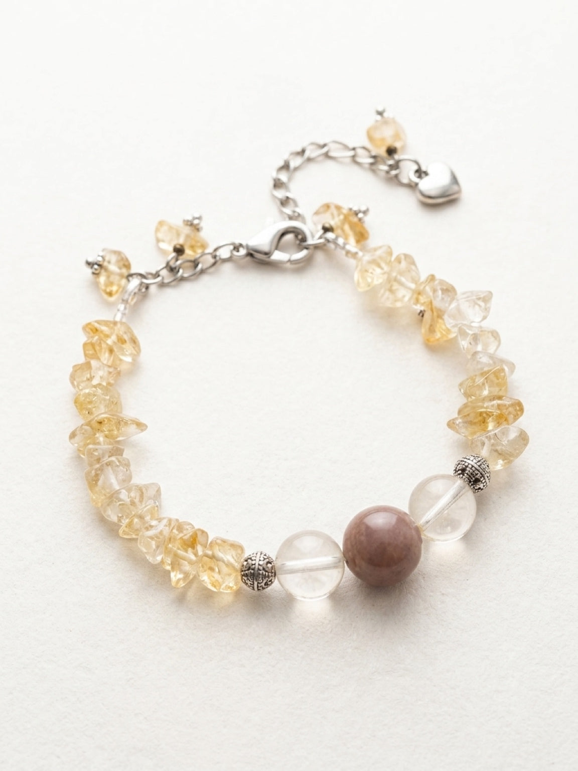Citrine & Moonstone ladies bracelet, stone bracelet, natural stone jewelry, chip stone bracelet, heart charm, single strand w/ charms