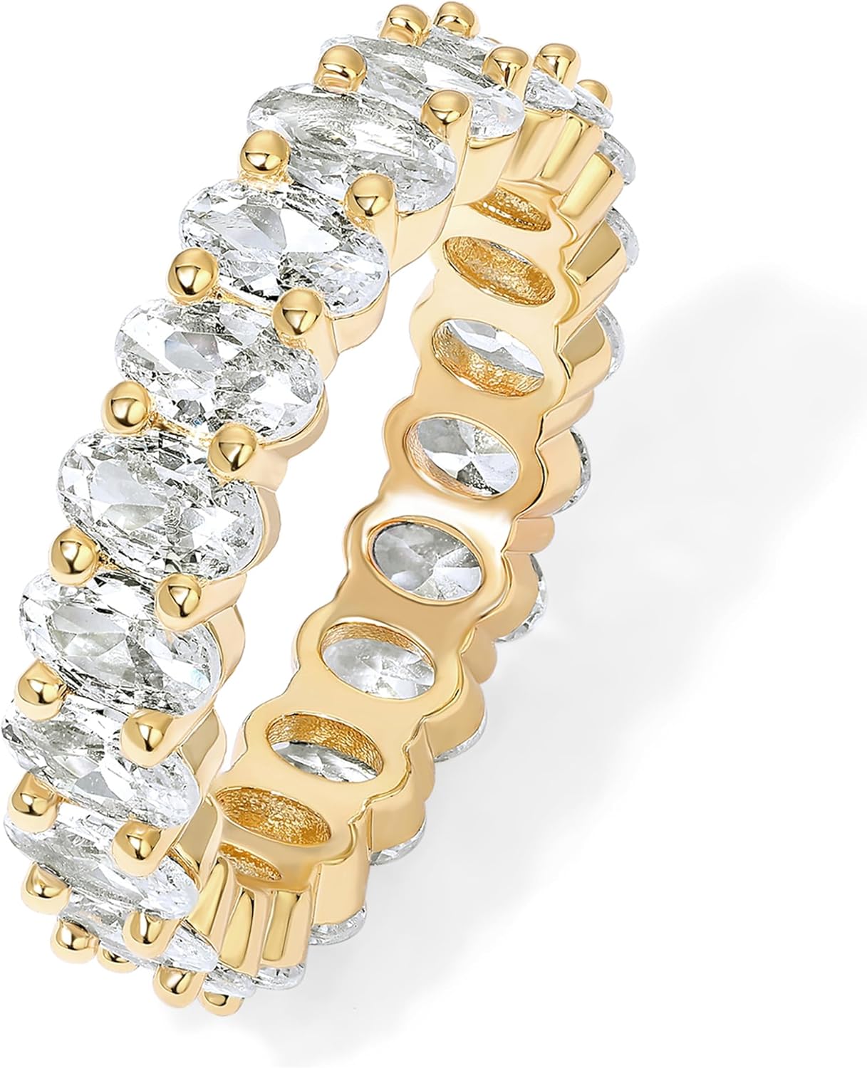 14K gold plated stackable ring with oval cubic zirconia stones for women.