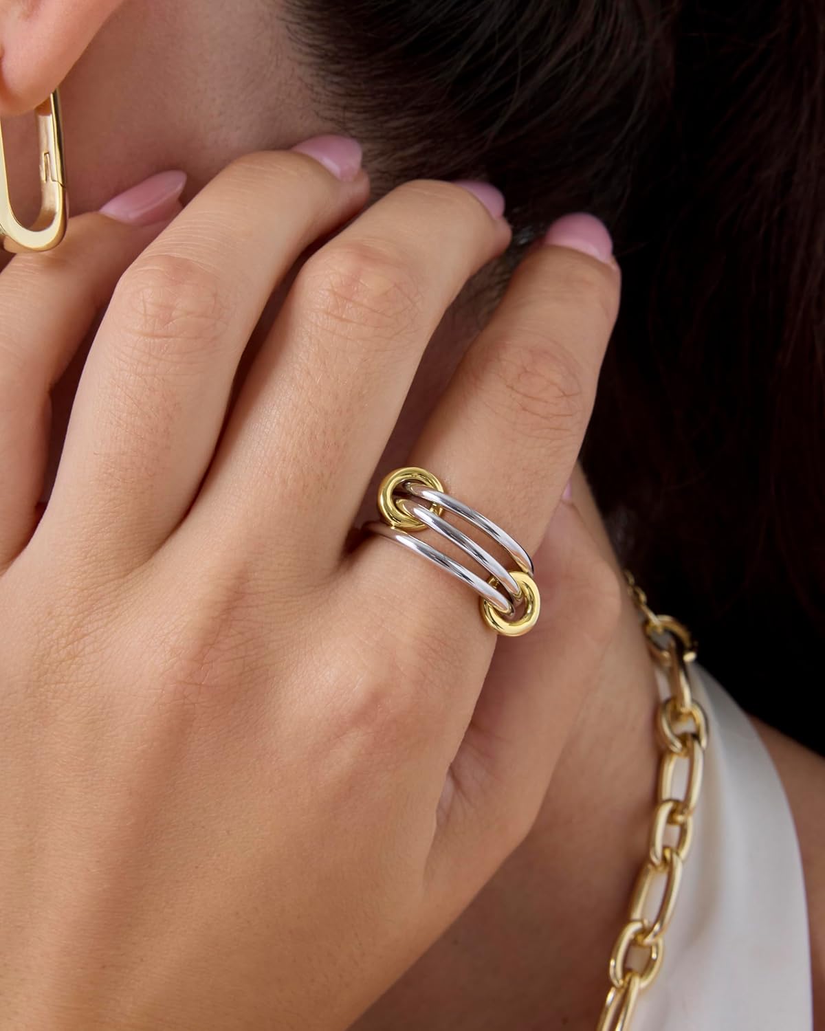 14K Gold Plated Interlocked Stackable Rings for Women - Statement Mixed Metals Multi Ring Stack - Cubic Zirconia Two-Toned Connected Bands Stacking Jewelry