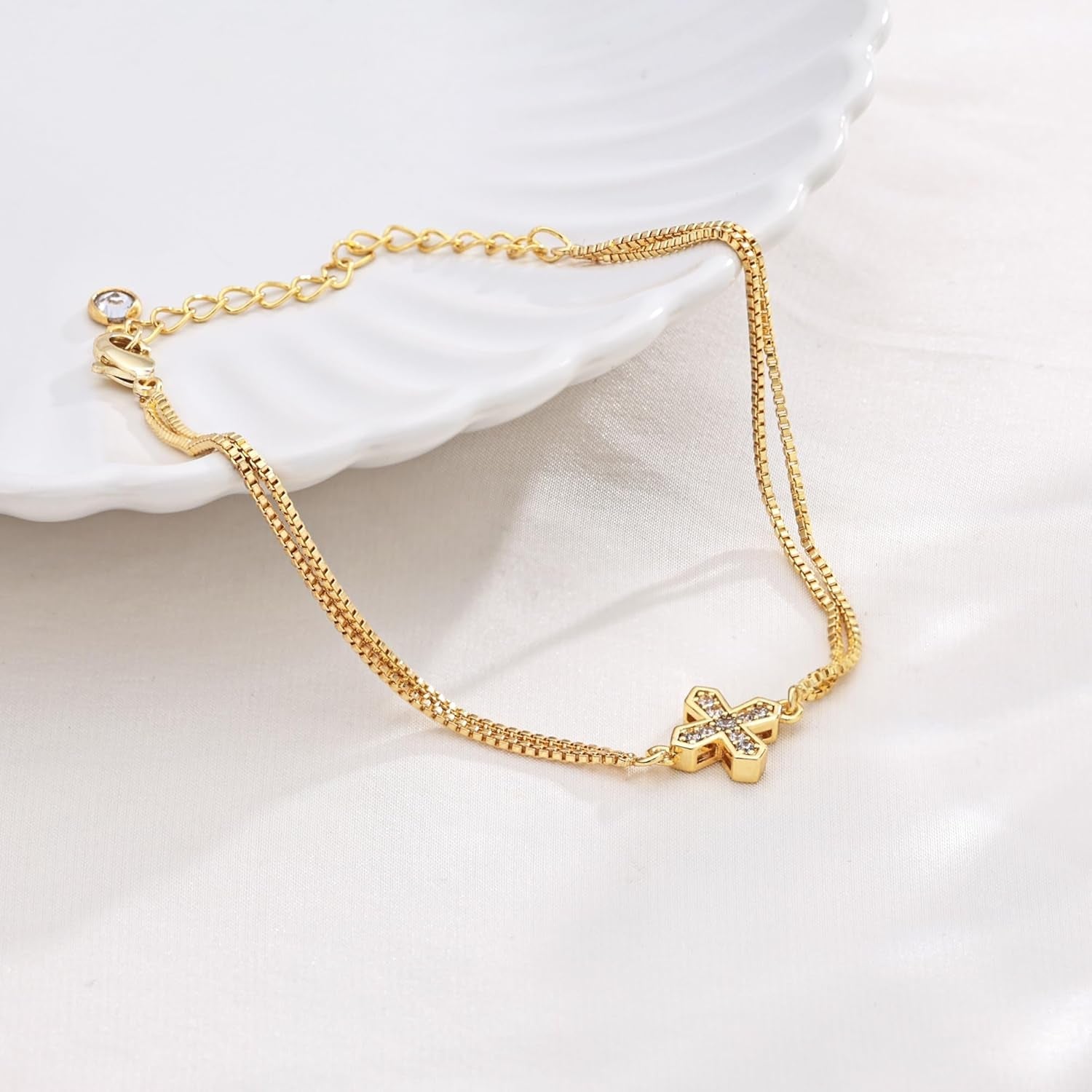 Cross Bracelet for Women Trendy Dainty 14K Gold Cubic Zirconia Bracelet Cute Thin Cross Chain Bracelet CZ Chain Link Bracelets for Women Religious Gifts for Women