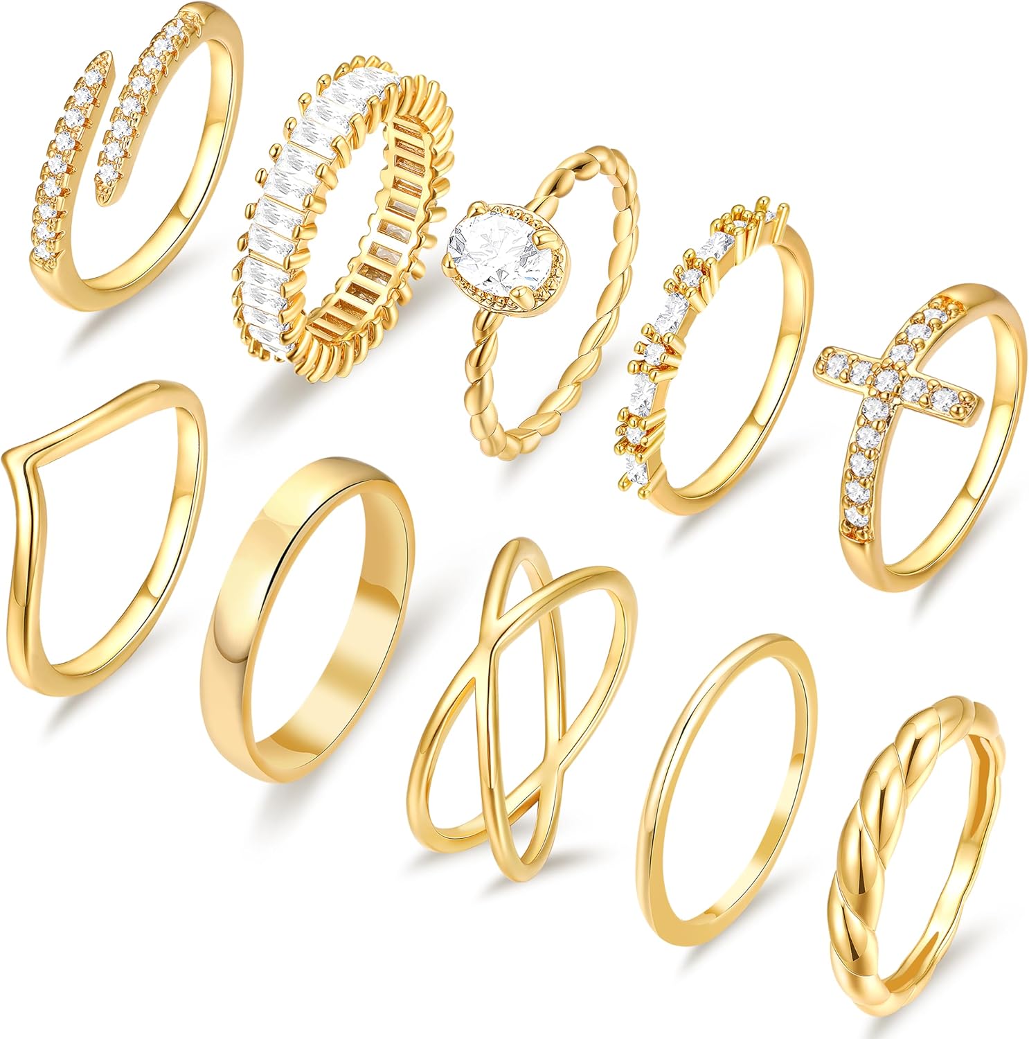 10 PCS 14K gold plated dainty rings set for women, non-tarnish, various designs.