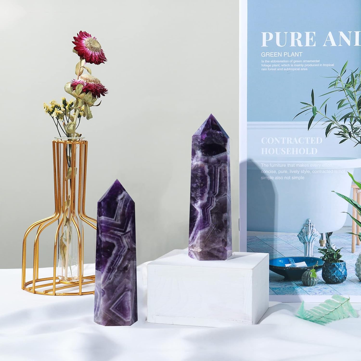 Dream Amethyst Healing Crystal Wands Height 3.3"-3.5", 6 Faceted Prism Wand Reiki Chakra Stone, Natural Quartz Energy Tower Home Decoration Ornament