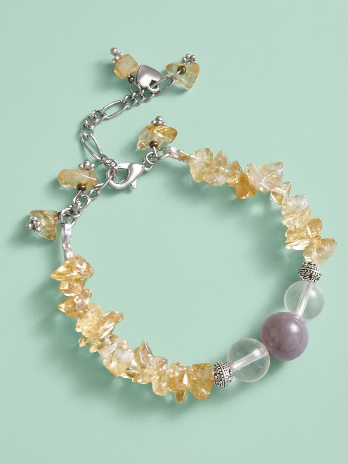 Citrine & Moonstone ladies bracelet, stone bracelet, natural stone jewelry, chip stone bracelet, heart charm, single strand w/ charms