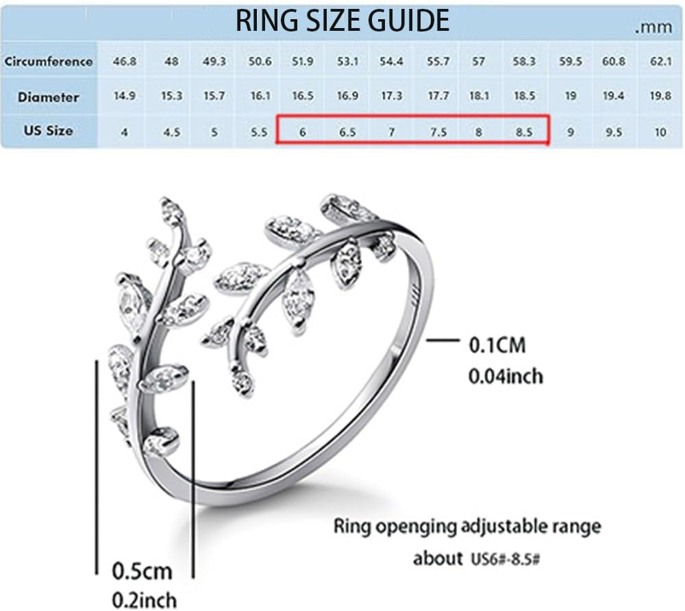 Adjustable S925 Sterling Silver Ring for Women,Branch Leaves Band Stacking Finger Ring,Paved Cubic Zirconia Stone Stackable Open Ring