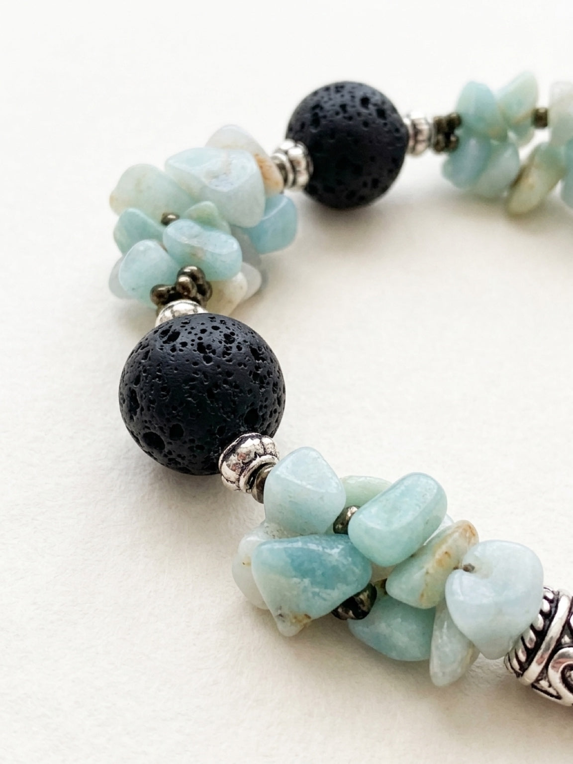Amazonite & Black Lava Beaded Bracelet, Adjustable Crystal Healing Jewelry, Essential Oil Diffuser Bracelet for Women