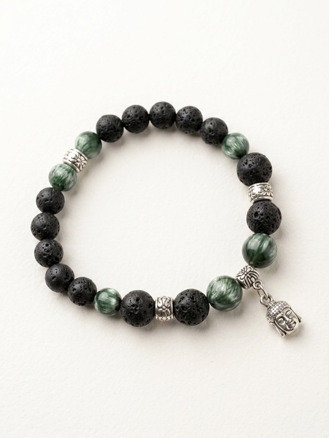 Lava & Seraphinite bracelet with Buddha Charm, stone bracelet, natural stone jewelry
