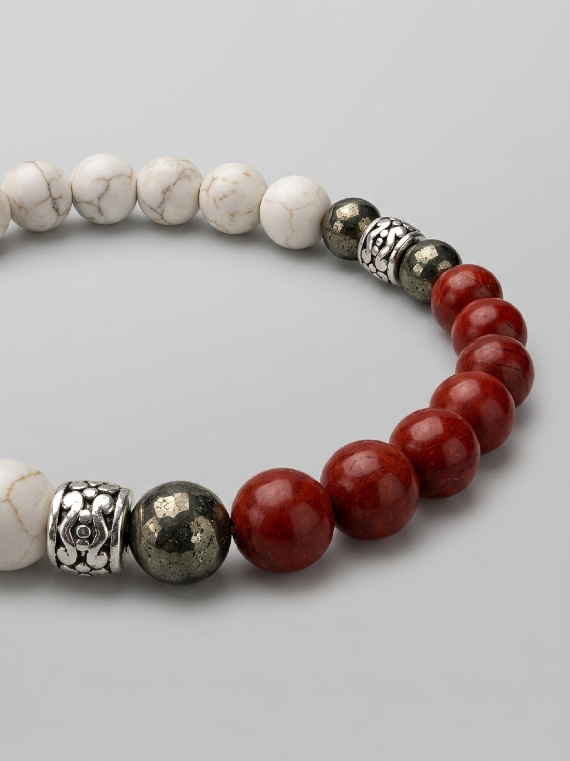 MENS BRACELET in howlite, pyrite and red jasper stone, yin yang balance, gift for him, mens jewelry