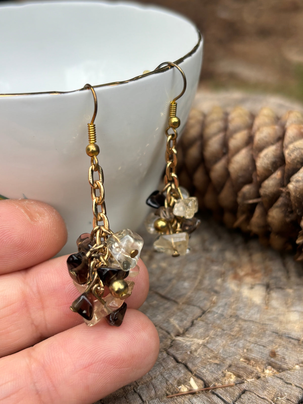 Citrine and Smokey Quartz drop cluster earrings
