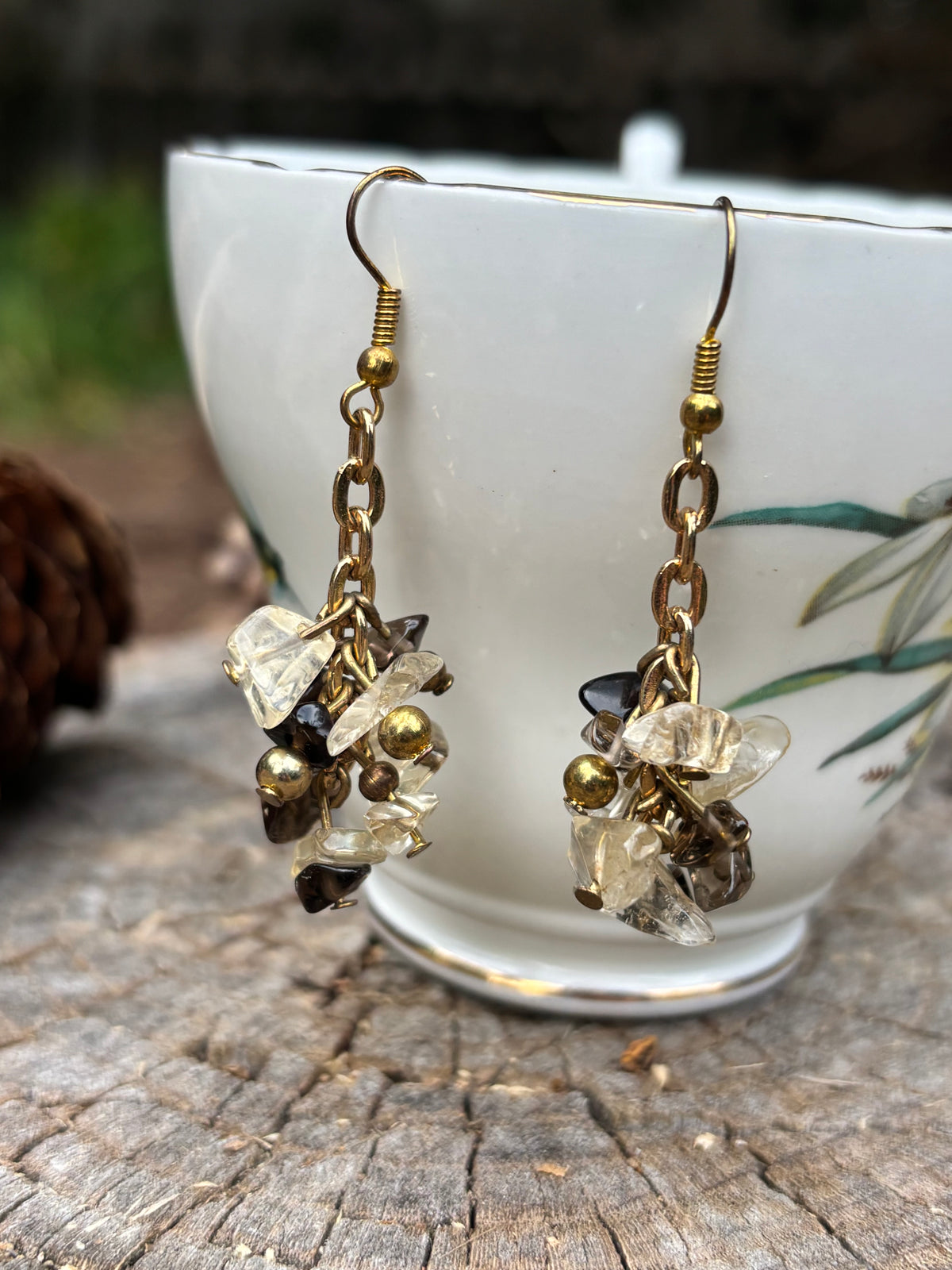 Citrine and Smokey Quartz drop cluster earrings