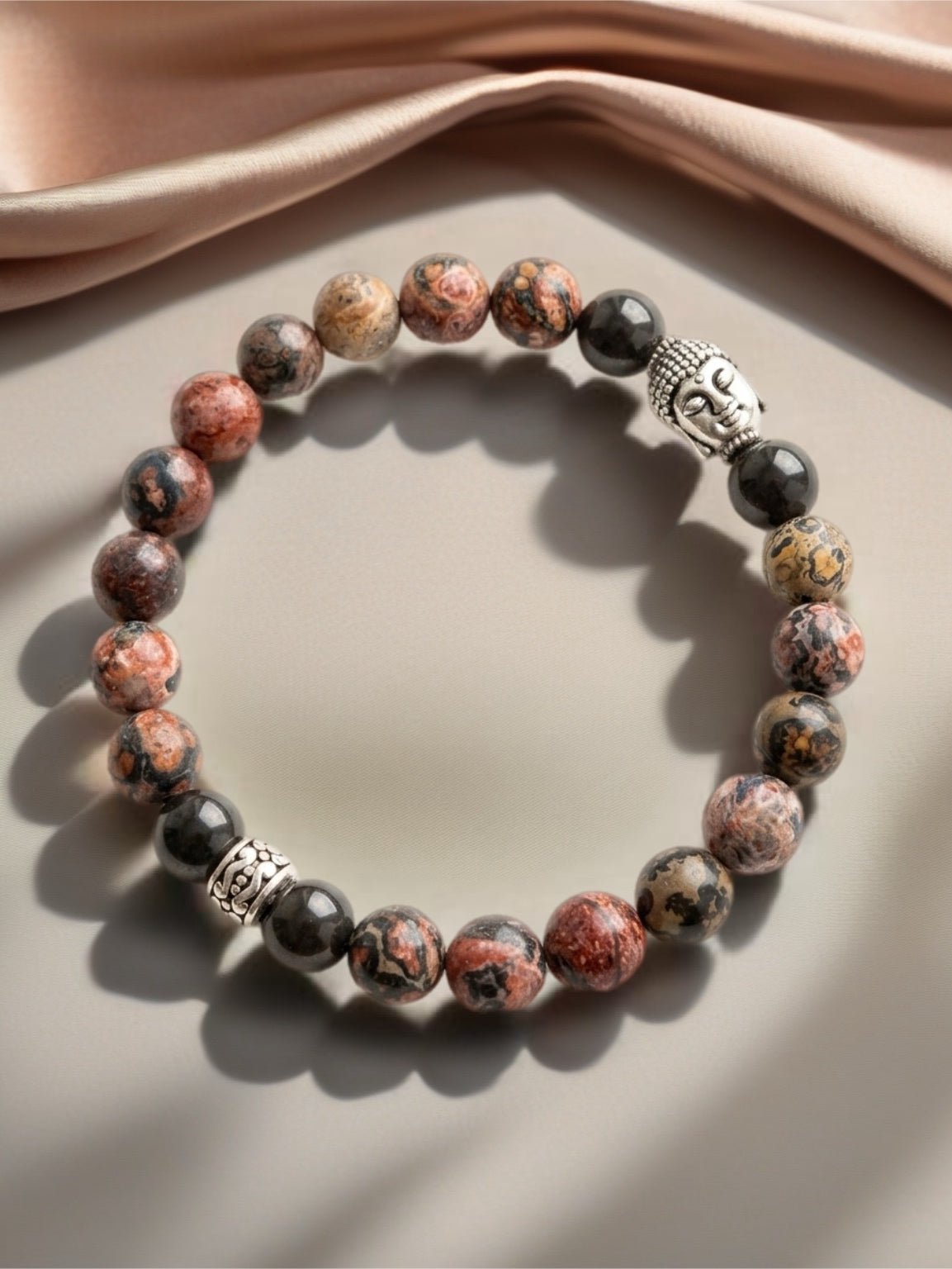 MENS BRACELET (B011) Buddha mens bracelet in leopardskin jasper and hematite, calming and grounding, zen jewelry