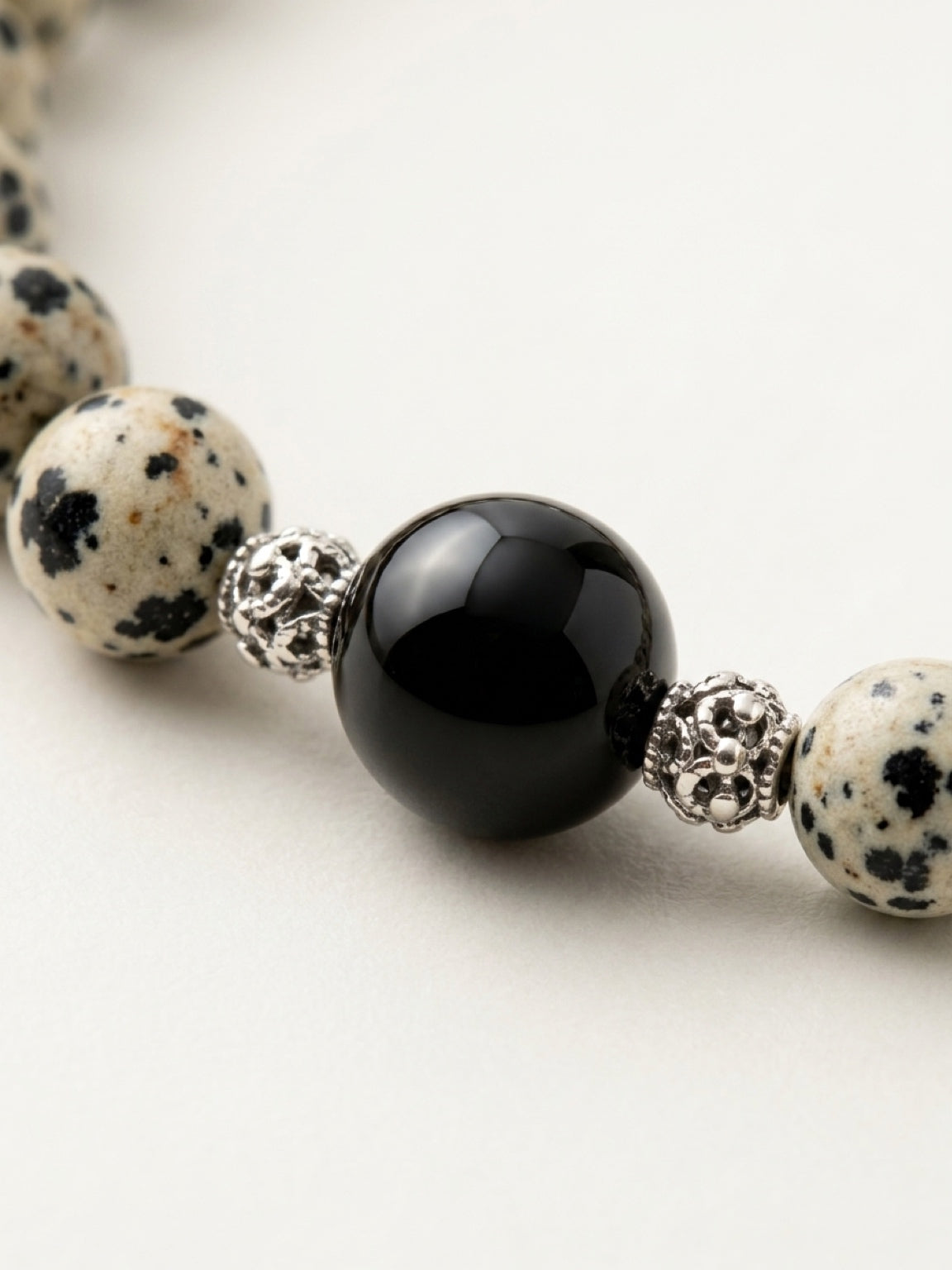 Men’s Dalmatian Jasper & Jet Bracelet | Natural Stone Mala Protection Jewelry