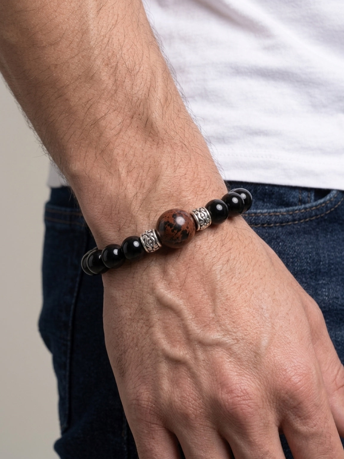 Men's bracelet in Mahogany Obsidian and black onyx, protection bracelet, prosperity amulet, stone bracelet, black onyx bracelet