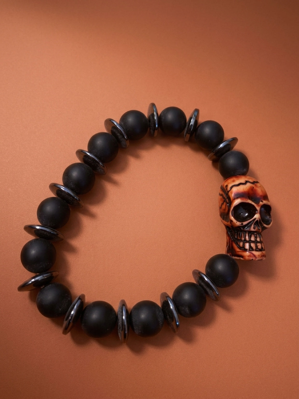 Skull bracelet with black onyx and hematite, Skater, skateboard, scooter