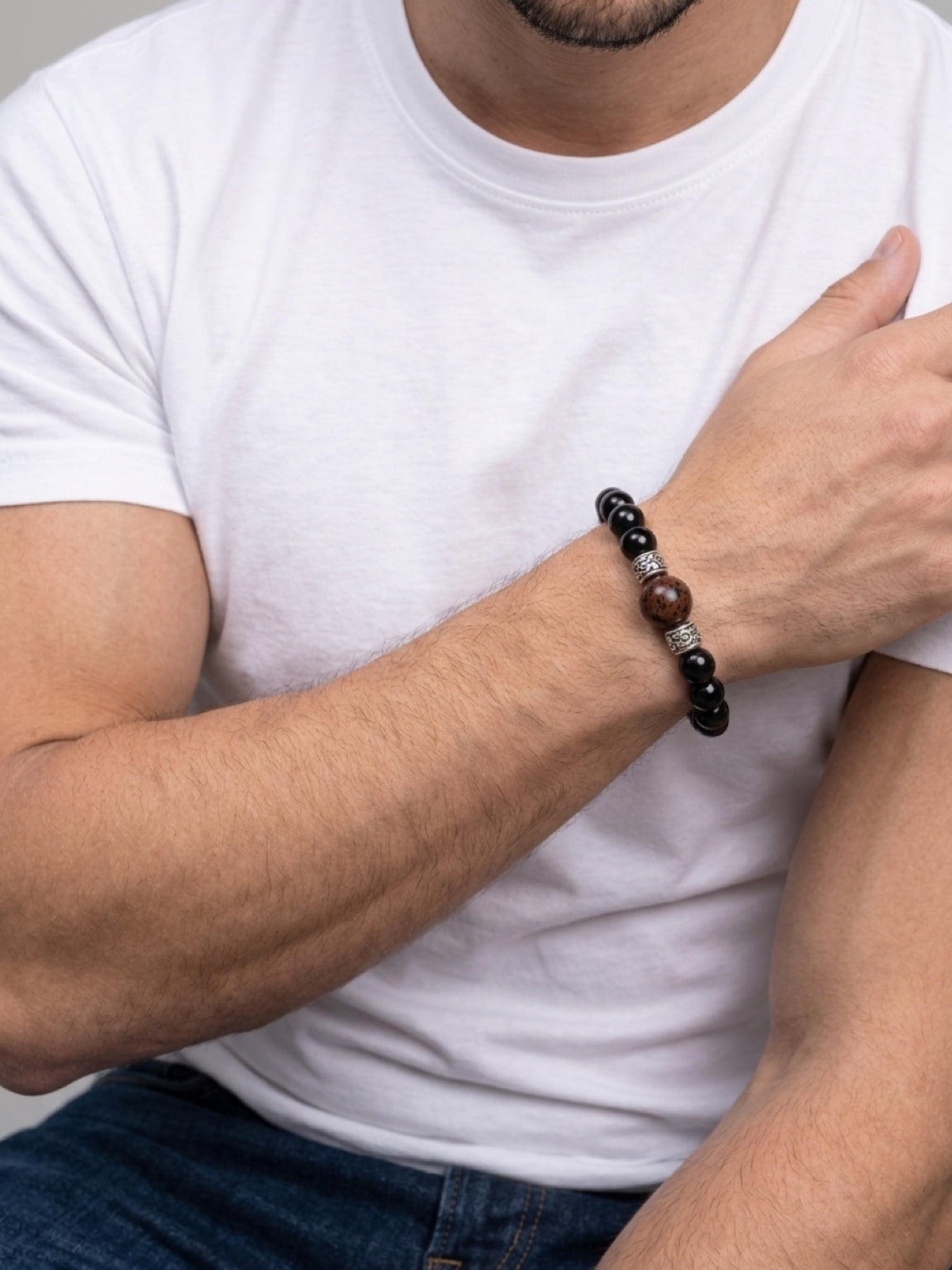 Men's bracelet in Mahogany Obsidian and black onyx, protection bracelet, prosperity amulet, stone bracelet, black onyx bracelet