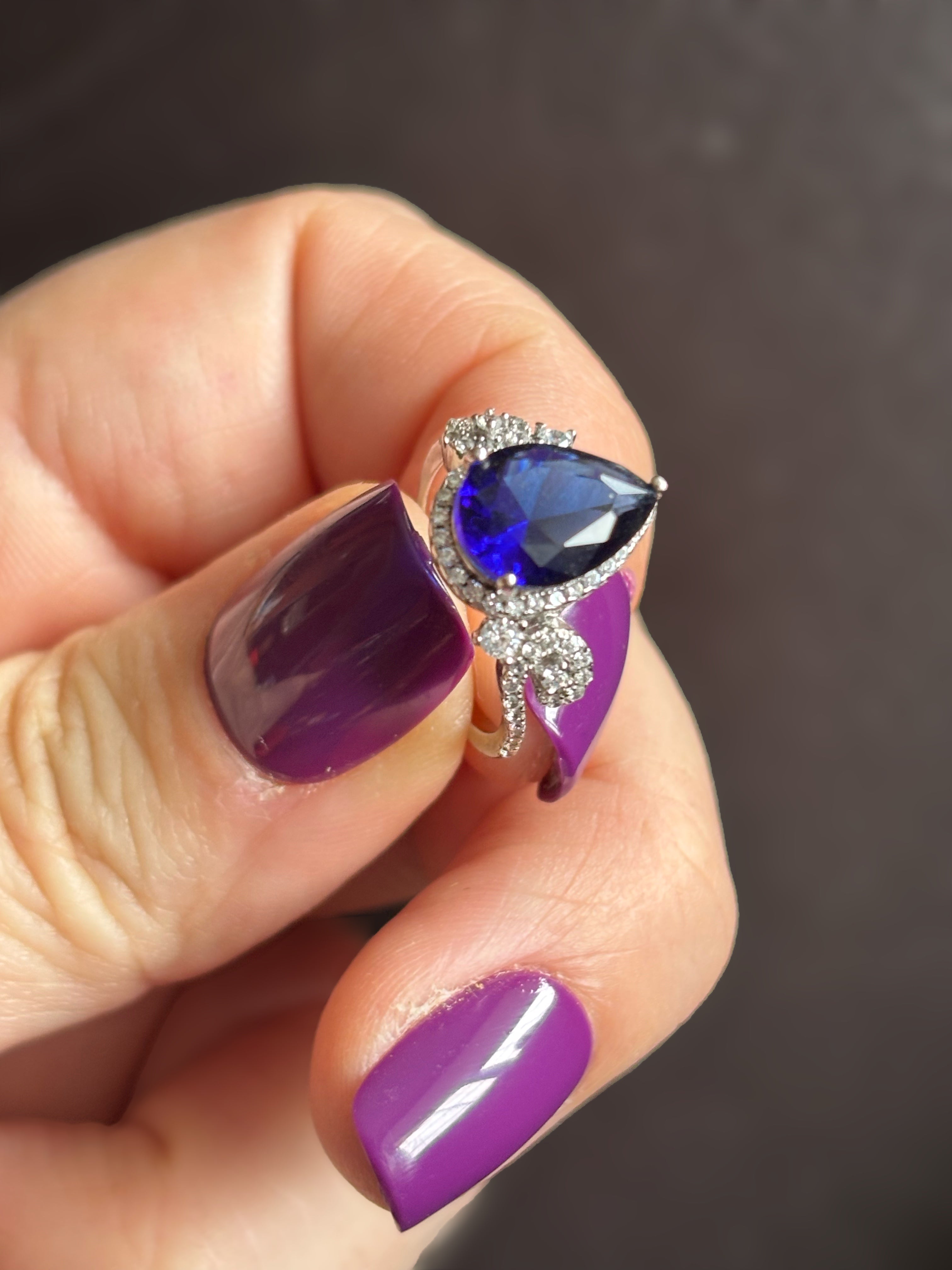 Sterling silver and sapphire and clear cz crystal ring, size 5