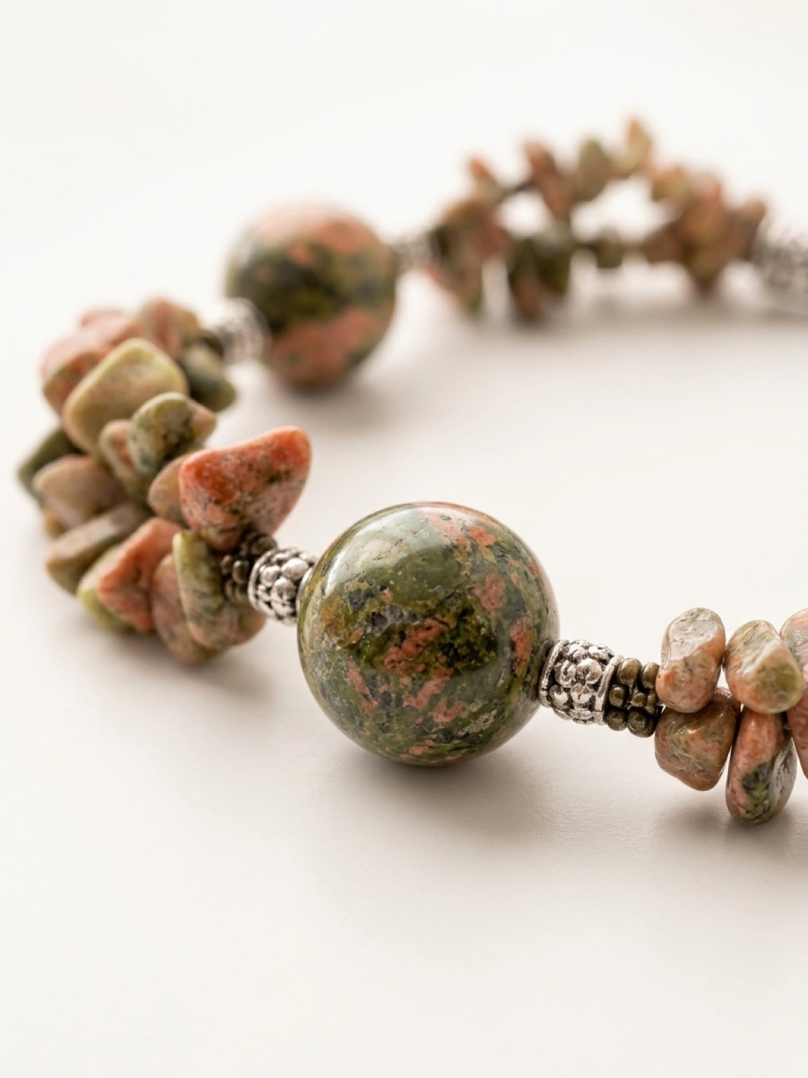 LADIES BRACELET in unakite and autumn jasper with a heart charm, stone bracelet, stone jewelry, jasper bracelet, meditation stones