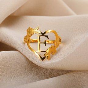 Letter Flower Heart Rings