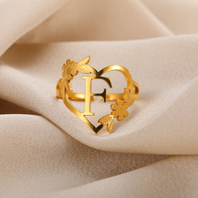 Letter Flower Heart Rings