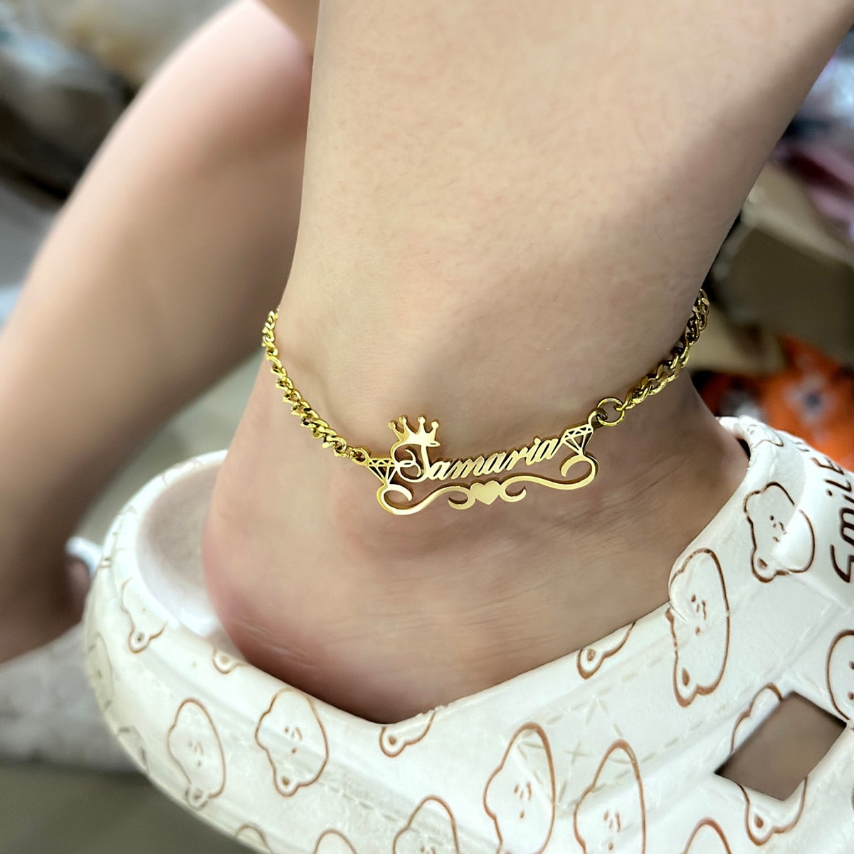 Custom Name Anklet with Crown Personalized