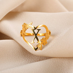 Letter Flower Heart Rings