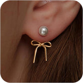 Pearl Earrings for Women Gold Hoop Earrings for Women Trendy 14K Gold Plated/Silver Bow Pearl Huggie Earring Hoops Twist Rope Bow Stud Pearl Dangle Cubic Zirconia Earrings Jewelry Gifts for Women