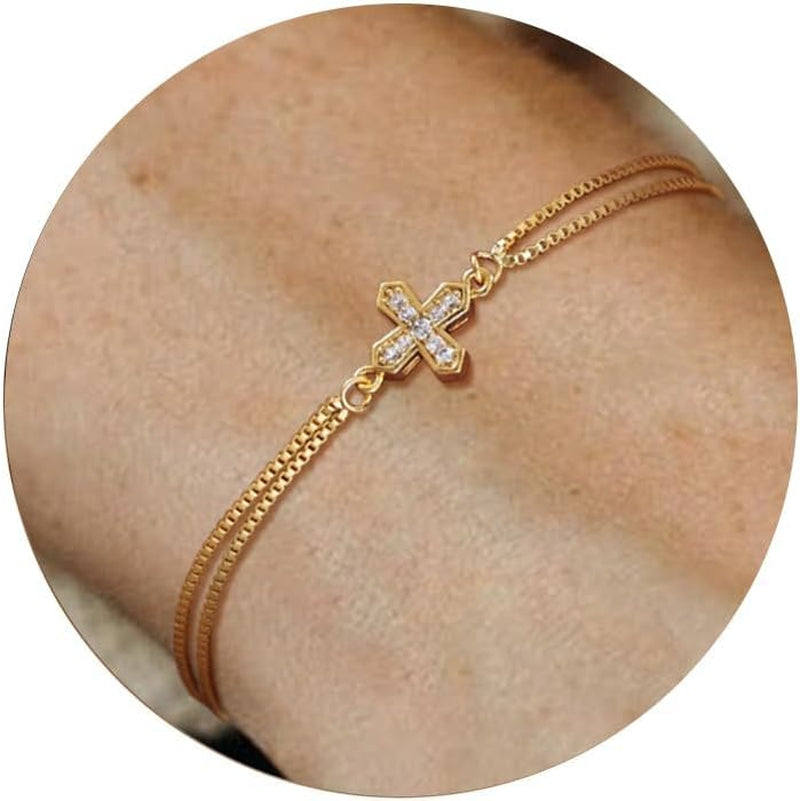 Cross Bracelet for Women Trendy Dainty 14K Gold Cubic Zirconia Bracelet Cute Thin Cross Chain Bracelet CZ Chain Link Bracelets for Women Religious Gifts for Women