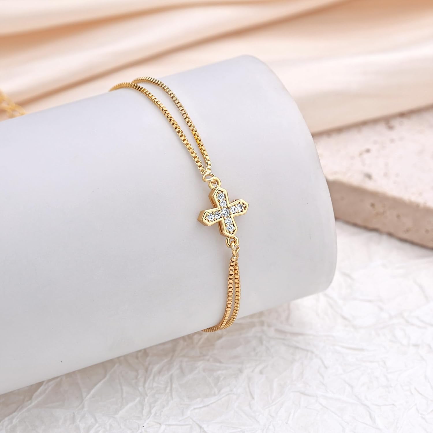 Cross Bracelet for Women Trendy Dainty 14K Gold Cubic Zirconia Bracelet Cute Thin Cross Chain Bracelet CZ Chain Link Bracelets for Women Religious Gifts for Women