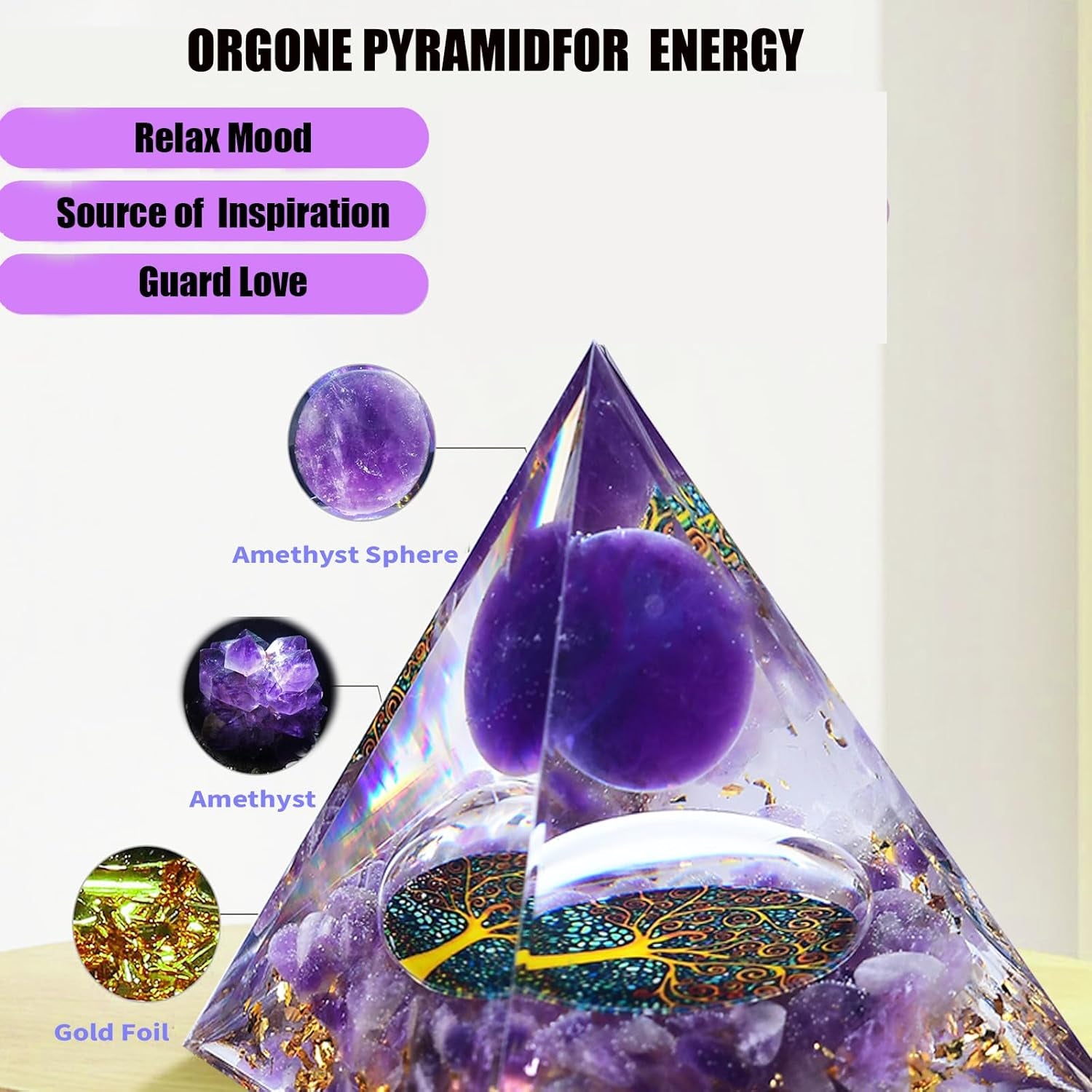 2 Inch Orgone Pyramid, Crystal Pyramid and Healing Stones,Shelf Office Desk Living Room Bedroom Home Decor,Amethyst Gift for Women Dad Christmas