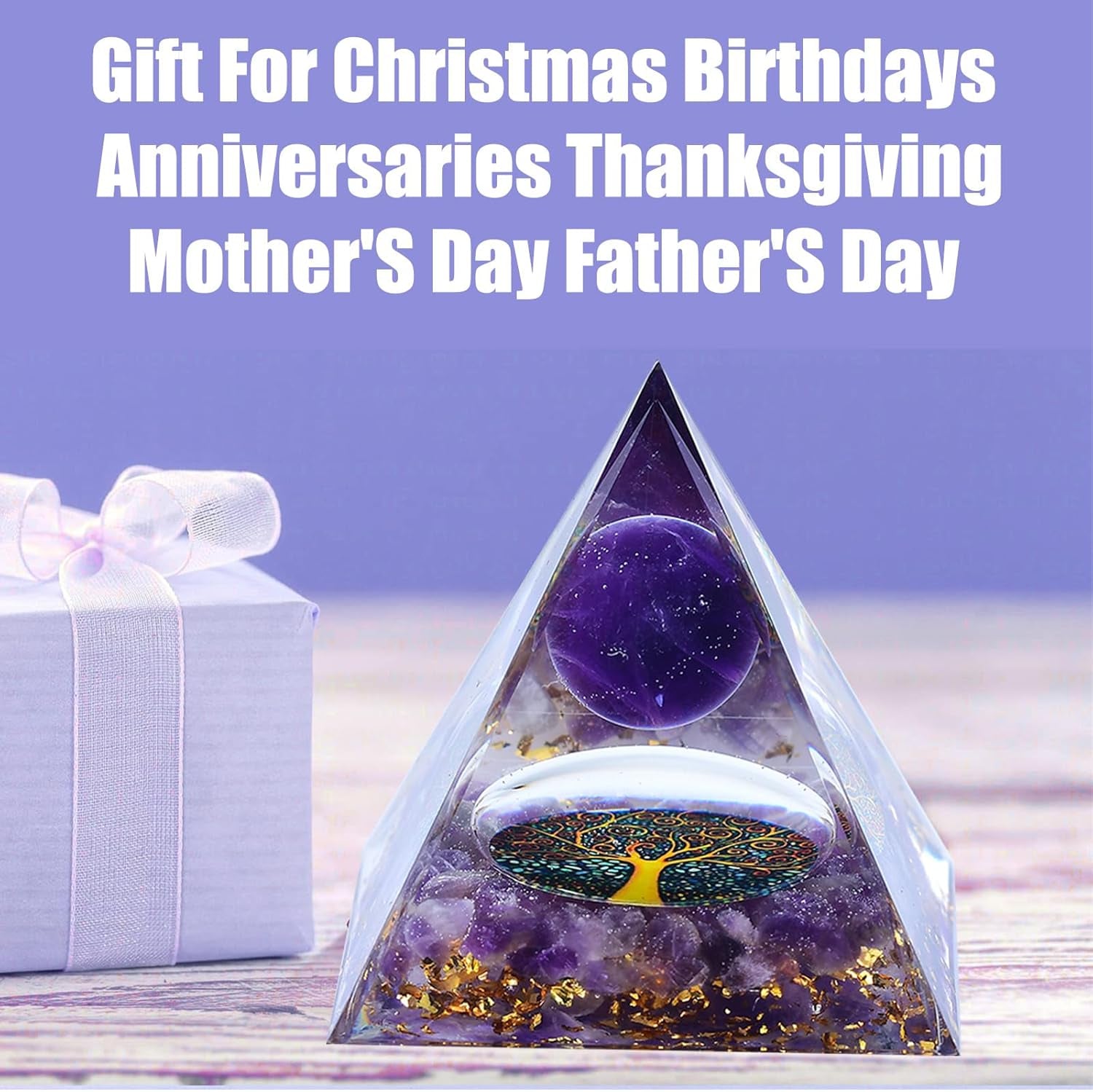 2 Inch Orgone Pyramid, Crystal Pyramid and Healing Stones,Shelf Office Desk Living Room Bedroom Home Decor,Amethyst Gift for Women Dad Christmas