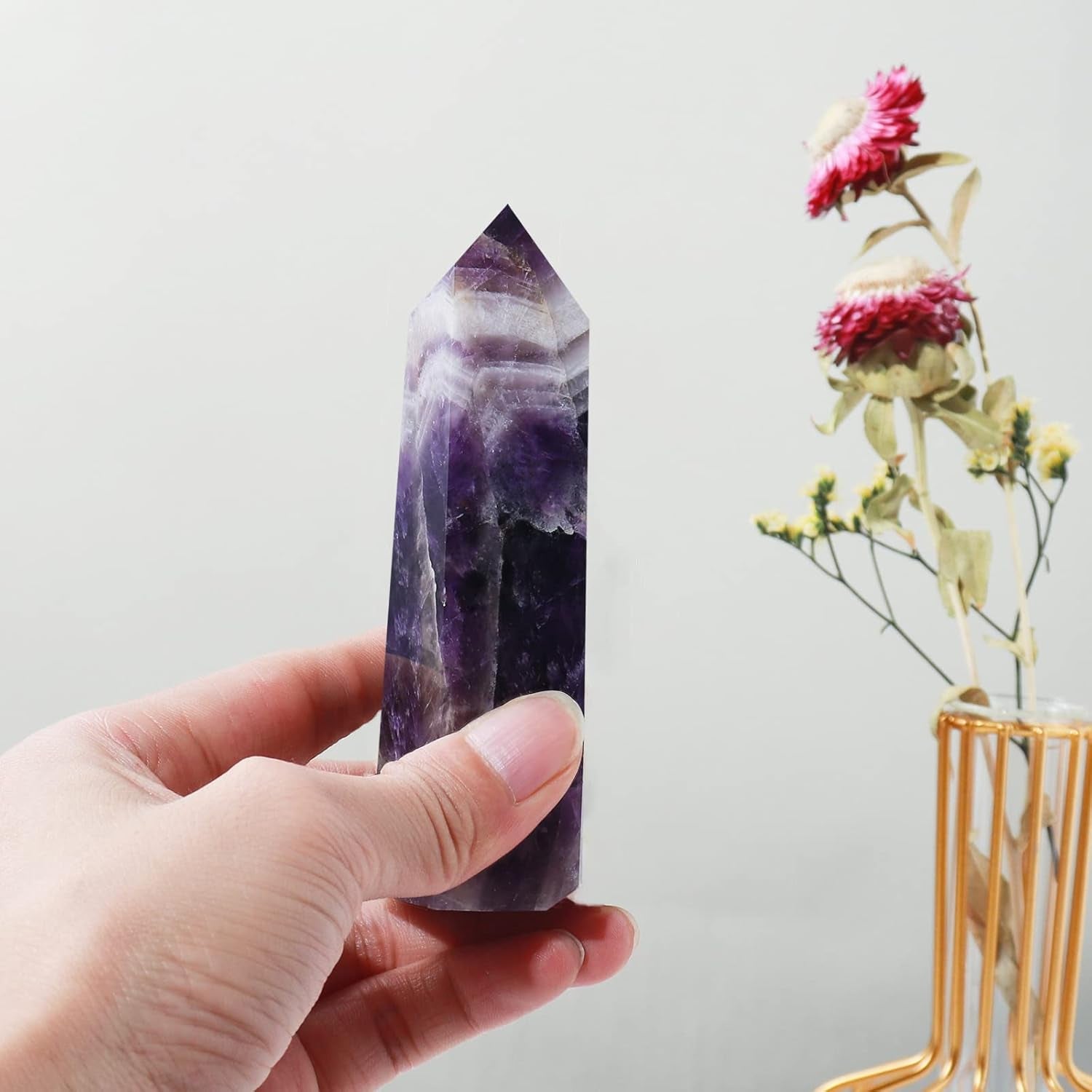 Dream Amethyst Healing Crystal Wands Height 3.3"-3.5", 6 Faceted Prism Wand Reiki Chakra Stone, Natural Quartz Energy Tower Home Decoration Ornament