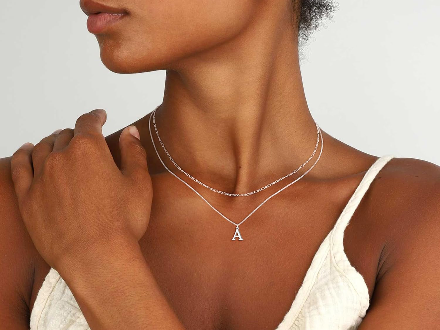 Silver Initial Necklaces for Women Trendy, 14K Layered Necklace for Women Dainty Silver Letter Pendant Figaro Choker Necklaces Costume Monogram Name Necklace Silver Simple Tiny Jewelry Set