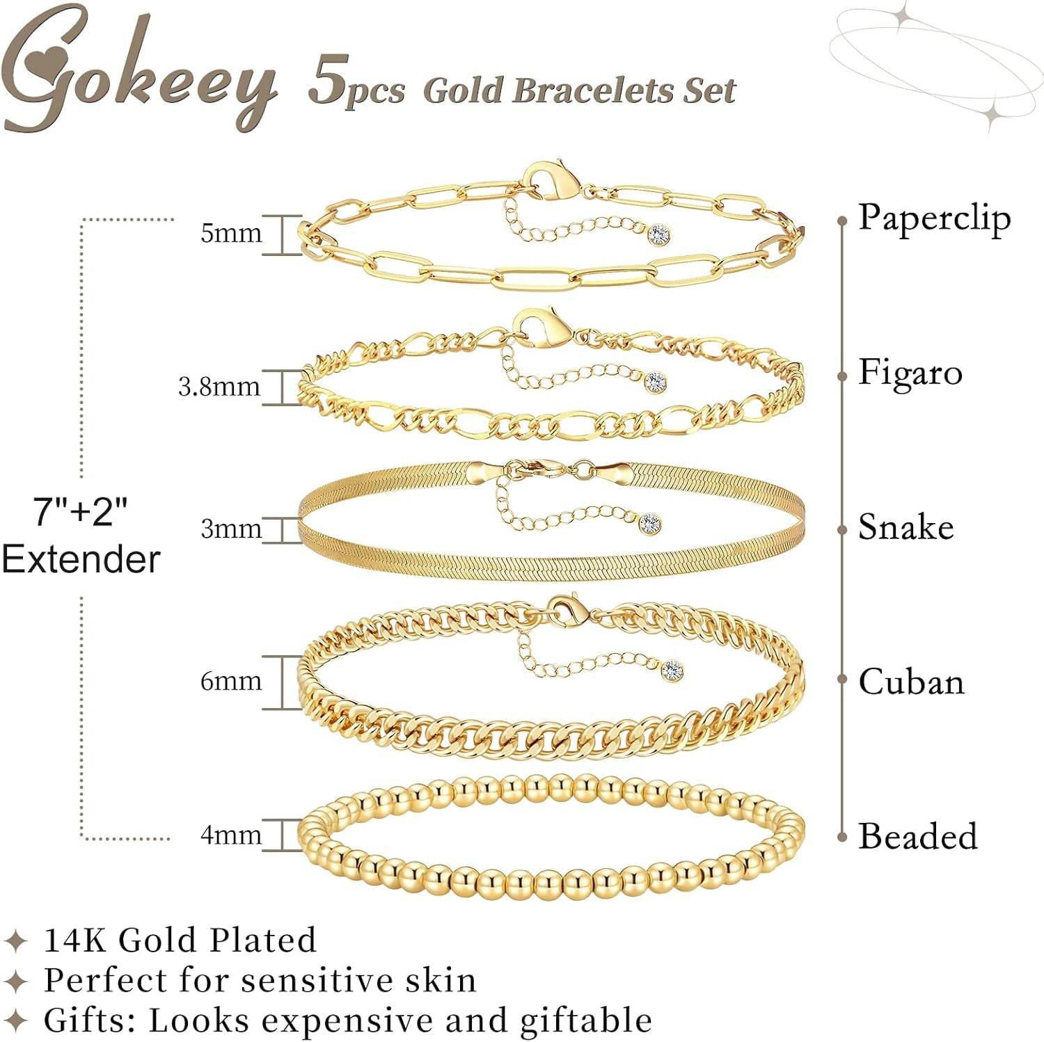 7Pc Gold Bracelets for Women, 14K Real Gold Dainty Layered Cuban Link Paperclip Chain Herribone Bracelets Cute Stackable Gold Chain Bracelet Set for Women Trendy Jewelry Gifts, L, Brass, No