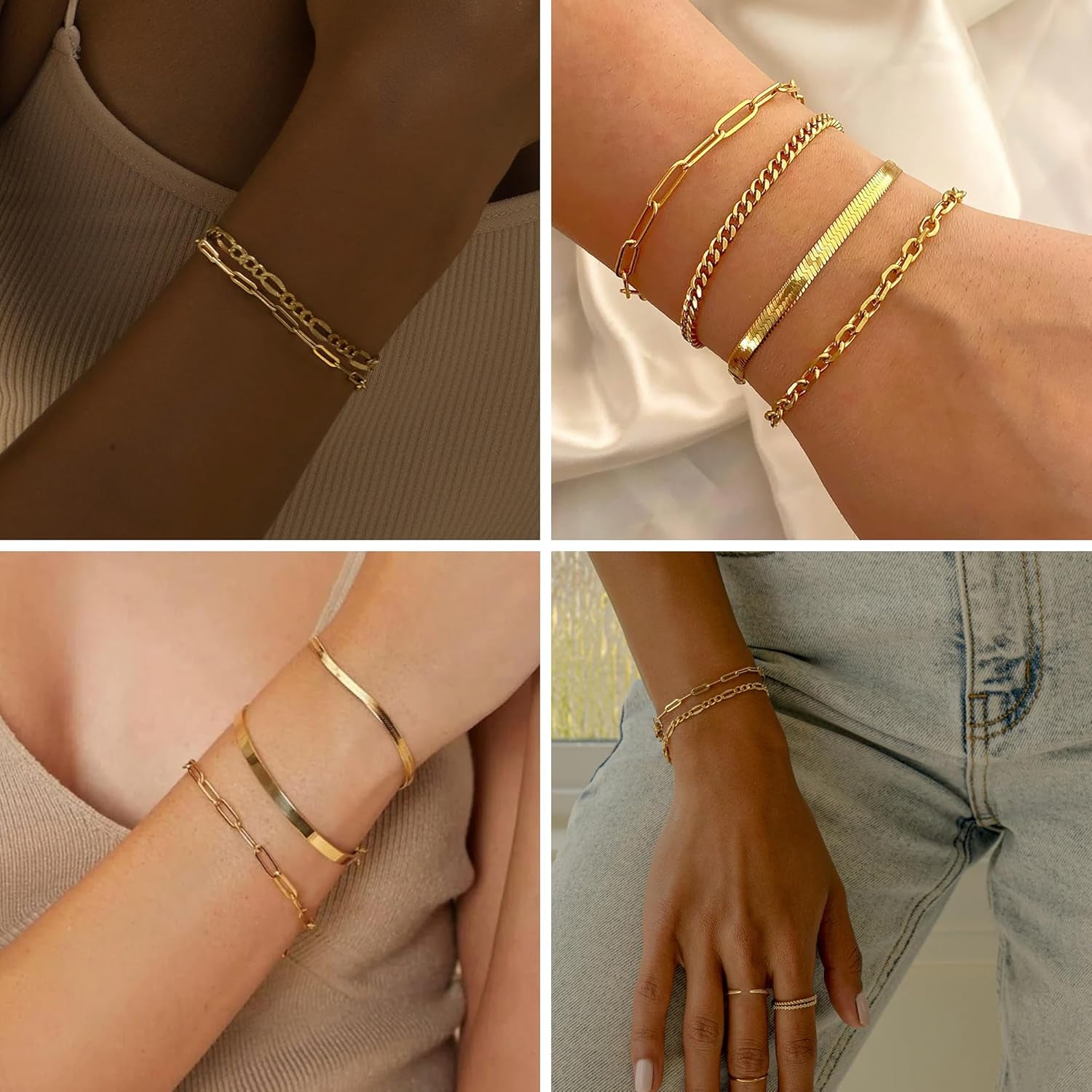 7Pc Gold Bracelets for Women, 14K Real Gold Dainty Layered Cuban Link Paperclip Chain Herribone Bracelets Cute Stackable Gold Chain Bracelet Set for Women Trendy Jewelry Gifts, L, Brass, No