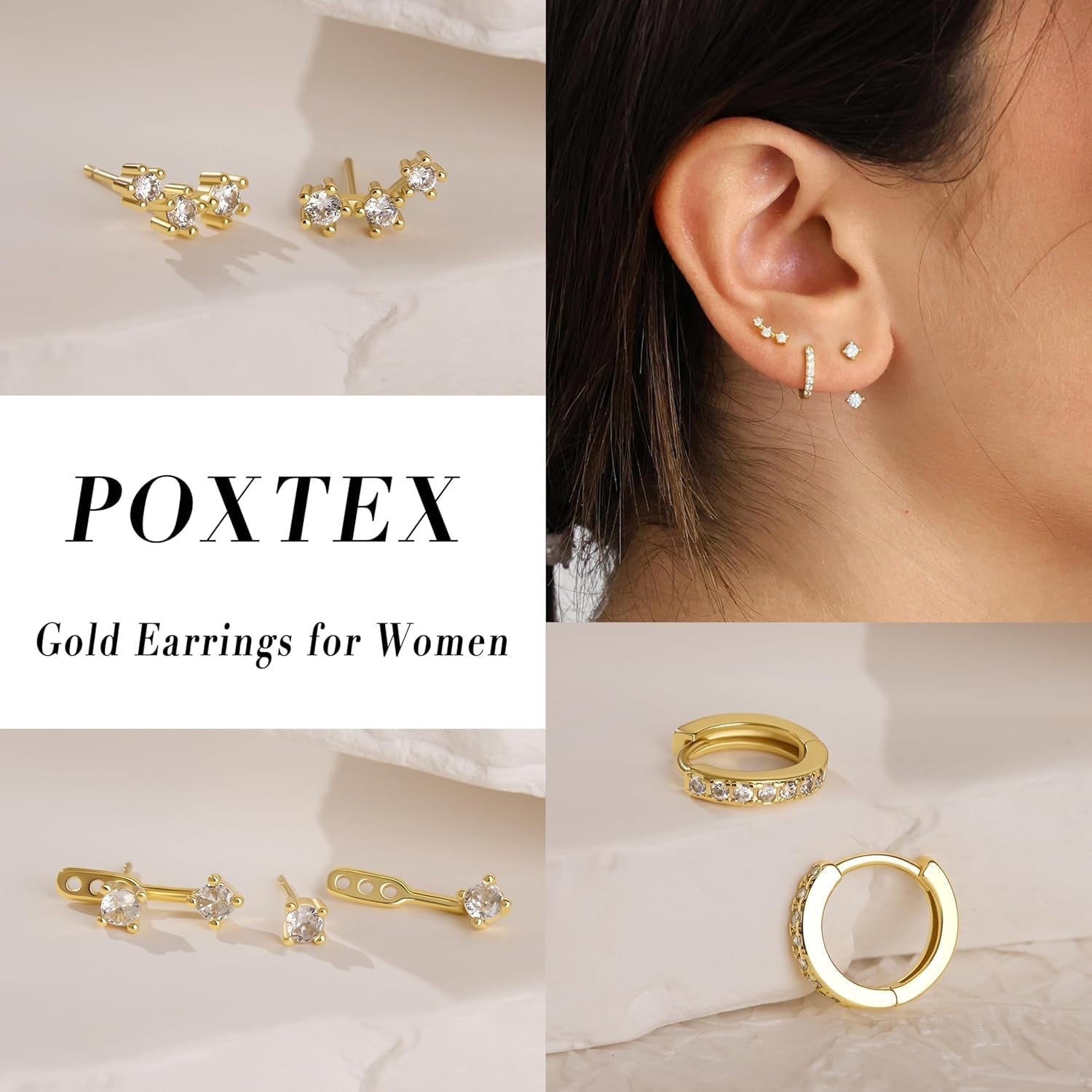 Gold Stud Earrings Set for Women, 3 Pairs Huggie Hoop Jacket Studs Earring Stack