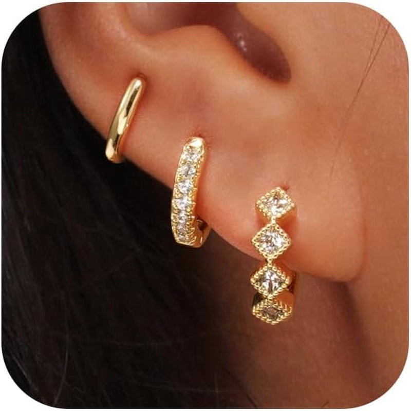 Gold Hoop Earrings Set for Women Trendy, 14K Real Gold Plated Chunky Hypoallergenic Small Diamond Cartilage Hoops Cute Cubic Zirconia Dangle Stud Earrings Jewelry Gifts