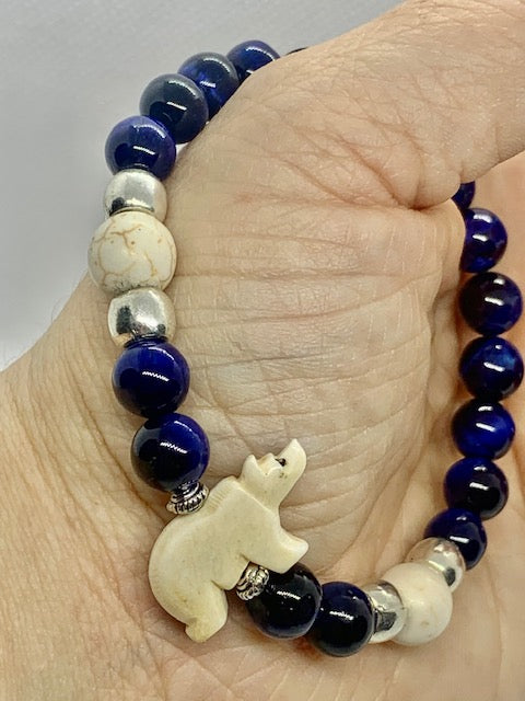 Polar Bear Bracelet with Blue Tiger's Eye and carved bone polar bear and howlite