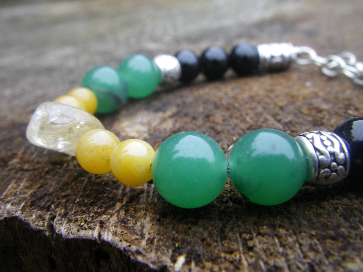 GOOD LUCK bracelet yellow jade, green aventurine, citrine and black onyx, stone bracelet, lucky amulet, prosperity