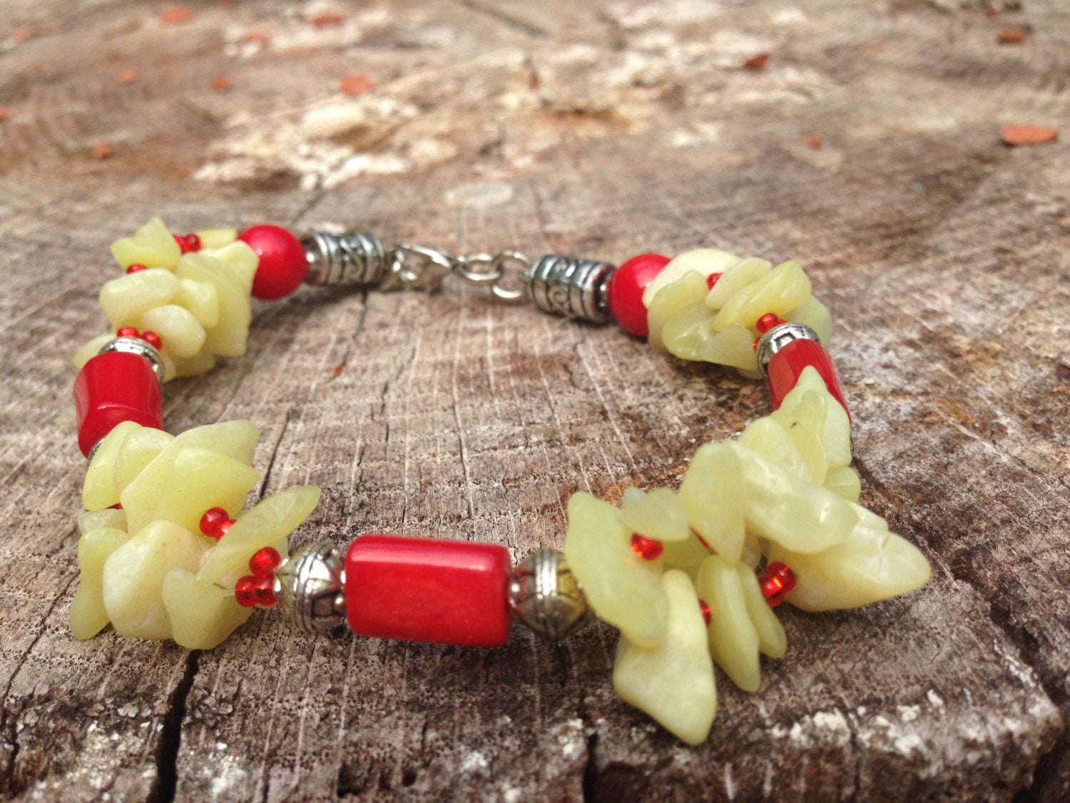 JADE and CORAL Ladies bracelet made w/ Red Coral and Bowenite New Jade, stone bracelet, stone jewelry