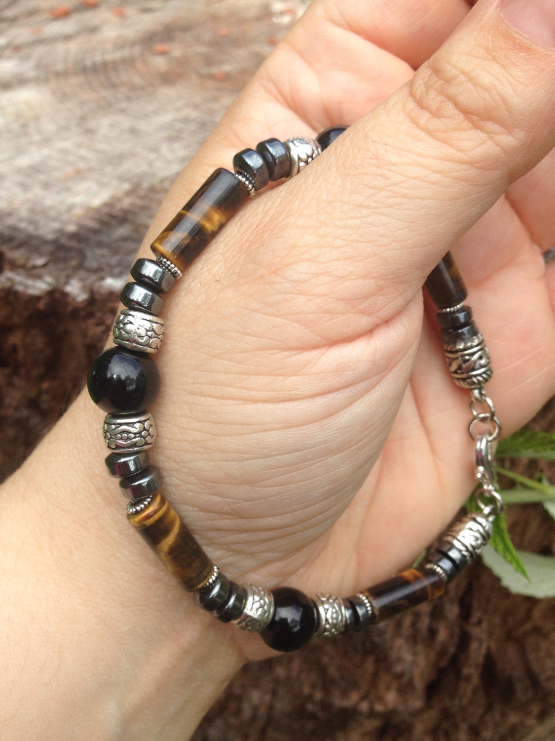 Men's Bracelet Tigers eye, black onyx and hematite, stone bracelet, stone jewelry, mala jewelry